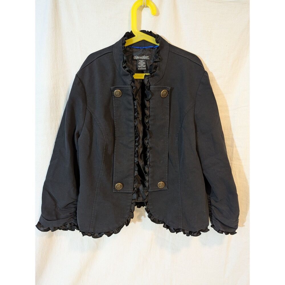 Stooshy Black Ruffle Trim Blazer Jacket Crest Buttons Rocker Vibes Junior XL